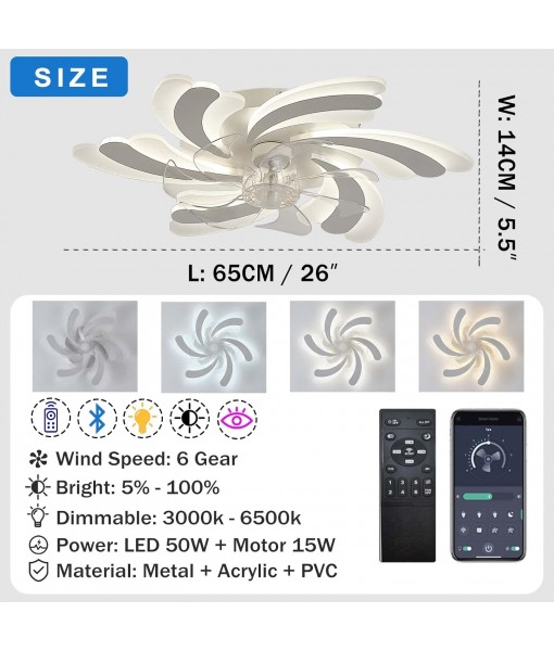 LED 50W Ceiling Fan with Lighting, 6 Speeds, White 65CM
