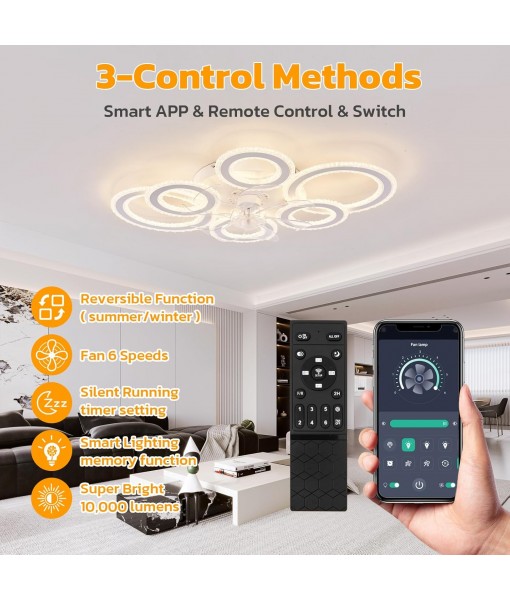 Ceiling Fan with Light and Remote Control, Crystal Ring Lamp