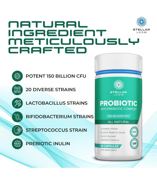 150 Billion CFU Probiotic & Prebiotics Complex for Gut Health - 20 Diverse Gut-Friendly Bacterial Cultures | 90 Vegan & Gluten-Free Capsules - 3 Months Supply