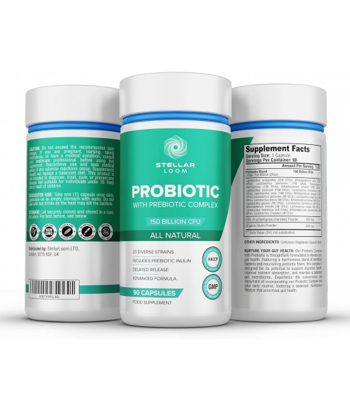 150 Billion CFU Probiotic & Prebiotics Complex for Gut Health - 20 Diverse Gut-Friendly Bacterial Cultures | 90 Vegan & Gluten-Free Capsules - 3 Months Supply