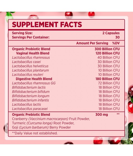 300 Billion CFU Probiotic, 12 Strains Probiotics with Prebiotics Cranberry, Selected Women’s Probiotic for Women’s Digestive Urinary Health & Gut Vaginal, 60 Capsules
