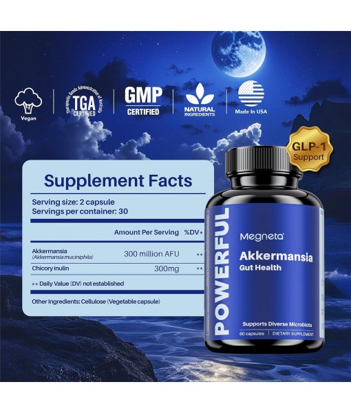 Akkermansia Probiotic Capsules, Increases GLP-1 Production, 300M AFU for Gut Health- Vegan, 60 Capsules
