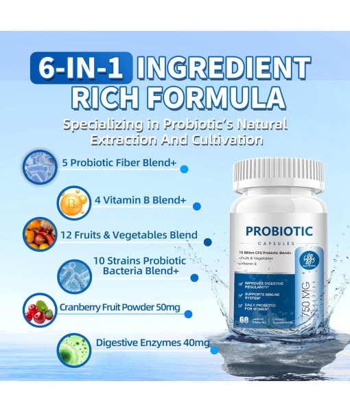 10 Billion Probiotics CFU for Women and Men, 10 Strains Probiotic Supplement with Prebiotic, Vitamin B, Vegetables, Digestive Enzymes, Supports Digestive, Bloating, Vaginal, Immune Health, 60 Capsules