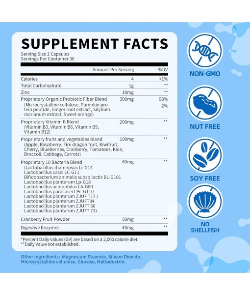 10 Billion Probiotics CFU for Women and Men, 10 Strains Probiotic Supplement with Prebiotic, Vitamin B, Vegetables, Digestive Enzymes, Supports Digestive, Bloating, Vaginal, Immune Health, 60 Capsules