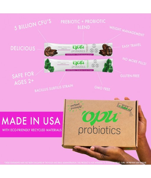 'Opu Probiotics Mocha Instant-Dissolve - One Month Supply - 5 Billion CFU's - Men, Women & Children w/Prebiotics Digestive Immune Weight Support Sugar Free, Gluten Free, Non GMO Opu