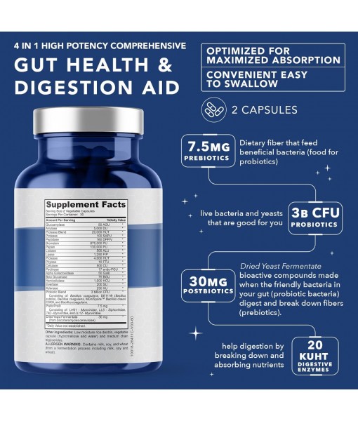 4-in-1 Prebiotic Probiotic & Postbiotic for Women & Men, Complete Gut & Digestive Support Supplement, Pre Post Probiotics & Digestive Enzymes 60 Capsules