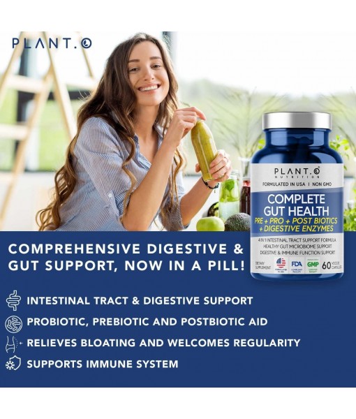 4-in-1 Prebiotic Probiotic & Postbiotic for Women & Men, Complete Gut & Digestive Support Supplement, Pre Post Probiotics & Digestive Enzymes 60 Capsules