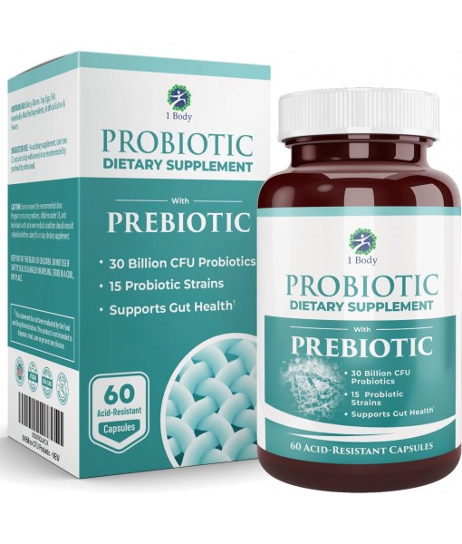 1 Body 30 Billion CFU Probiotic Supplement with Prebiotics – Patented Acid Resistant Capsules to Promote Gut Health, Support Immune System – Probiotics for Women and Men - 60 Vegetarian Capsules