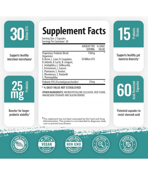 1 Body 30 Billion CFU Probiotic Supplement with Prebiotics – Patented Acid Resistant Capsules to Promote Gut Health, Support Immune System – Probiotics for Women and Men - 60 Vegetarian Capsules