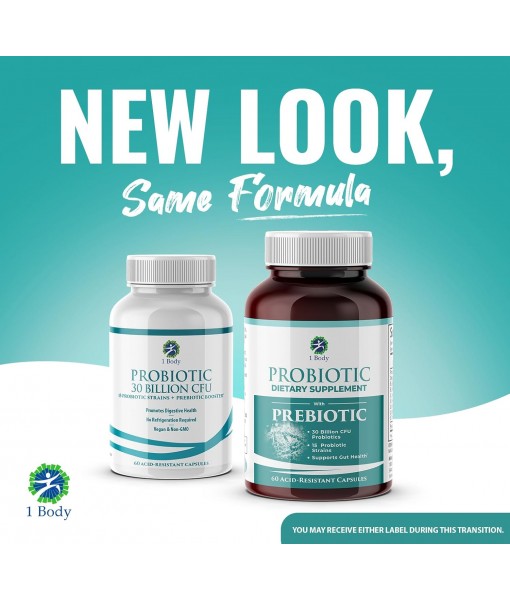 1 Body 30 Billion CFU Probiotic Supplement with Prebiotics – Patented Acid Resistant Capsules to Promote Gut Health, Support Immune System – Probiotics for Women and Men - 60 Vegetarian Capsules