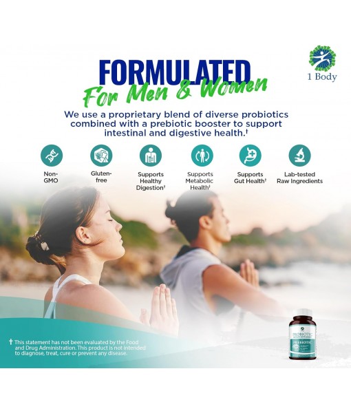 1 Body 30 Billion CFU Probiotic Supplement with Prebiotics – Patented Acid Resistant Capsules to Promote Gut Health, Support Immune System – Probiotics for Women and Men - 60 Vegetarian Capsules