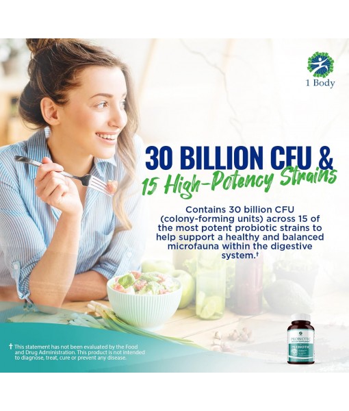 1 Body 30 Billion CFU Probiotic Supplement with Prebiotics – Patented Acid Resistant Capsules to Promote Gut Health, Support Immune System – Probiotics for Women and Men - 60 Vegetarian Capsules