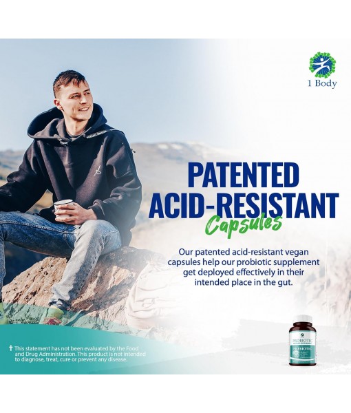 1 Body 30 Billion CFU Probiotic Supplement with Prebiotics – Patented Acid Resistant Capsules to Promote Gut Health, Support Immune System – Probiotics for Women and Men - 60 Vegetarian Capsules