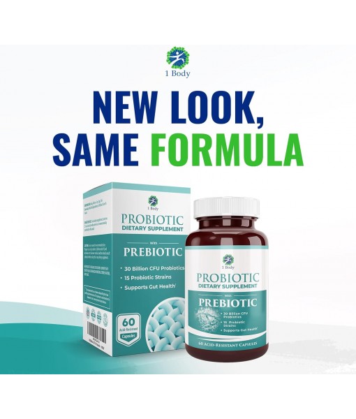 1 Body 30 Billion CFU Probiotic Supplement with Prebiotics – Patented Acid Resistant Capsules to Promote Gut Health, Support Immune System – Probiotics for Women and Men - 60 Vegetarian Capsules