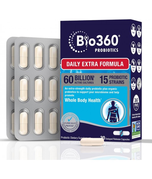 Adult Daily Extra Strength Probiotic Supplement for Women and Men, 60 Billion CFU, 15 Diverse Strains, Organic Prebiotic Fibers, Occasional Constipation, Diarrhea Gas & Bloating, 30CT