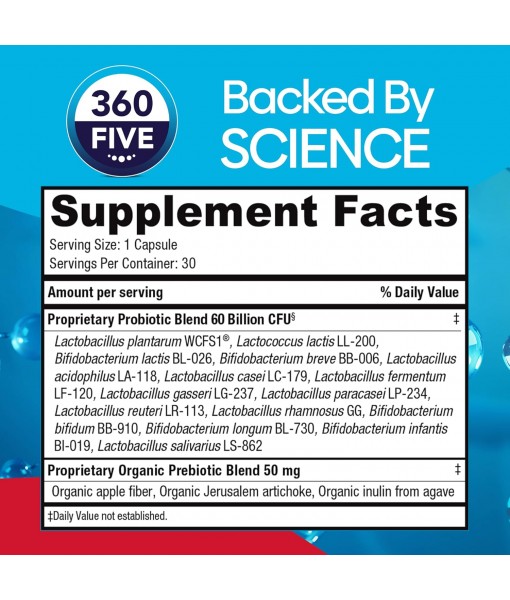 Adult Daily Extra Strength Probiotic Supplement for Women and Men, 60 Billion CFU, 15 Diverse Strains, Organic Prebiotic Fibers, Occasional Constipation, Diarrhea Gas & Bloating, 30CT