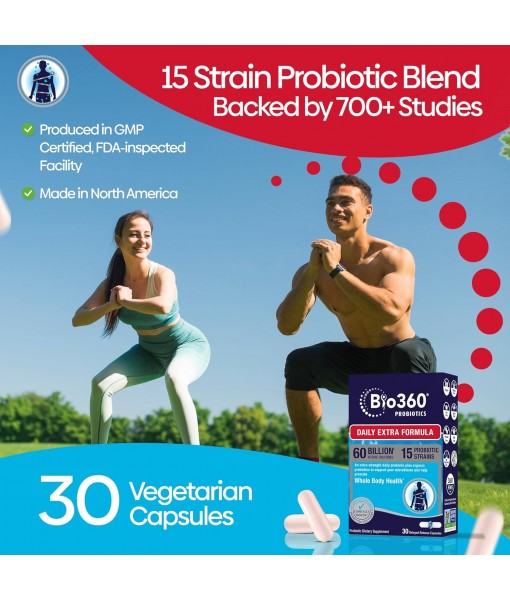 Adult Daily Extra Strength Probiotic Supplement for Women and Men, 60 Billion CFU, 15 Diverse Strains, Organic Prebiotic Fibers, Occasional Constipation, Diarrhea Gas & Bloating, 30CT