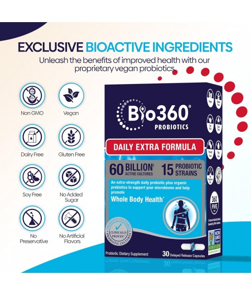 Adult Daily Extra Strength Probiotic Supplement for Women and Men, 60 Billion CFU, 15 Diverse Strains, Organic Prebiotic Fibers, Occasional Constipation, Diarrhea Gas & Bloating, 30CT