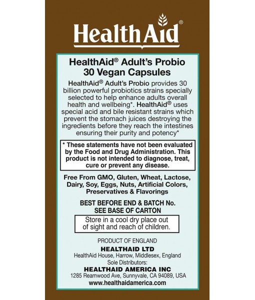 AdultsProbio 30 Billion, 10 Strains, Once Daily, 30ct, 30 Billion with Prebiotic, Acid & Bile Resistant Strains, Dairy & Gluten Free, Vegan