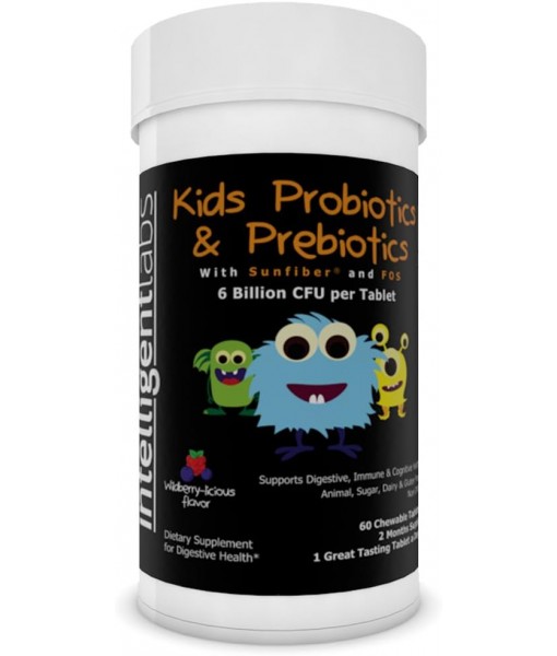 6 Billion CFU Kids/Children's Probiotics with Prebiotics, Sunfiber and Fos, for 10x More Effectiveness. One A Day Great Taste Chewable Probiotic, 2 Months Supply Per Bottle