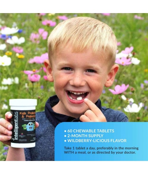 6 Billion CFU Kids/Children's Probiotics with Prebiotics, Sunfiber and Fos, for 10x More Effectiveness. One A Day Great Taste Chewable Probiotic, 2 Months Supply Per Bottle