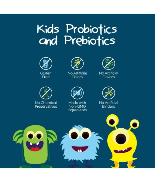 6 Billion CFU Kids/Children's Probiotics with Prebiotics, Sunfiber and Fos, for 10x More Effectiveness. One A Day Great Taste Chewable Probiotic, 2 Months Supply Per Bottle