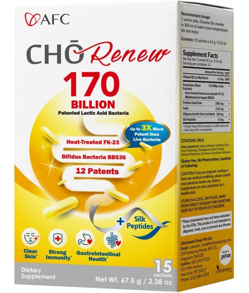 AFC Japan Cho Renew -170 Billions Patented Probiotics, 3X More Effective, with Silk Peptide & Fiber, for Clearer Skin, Stomach Acid Resistant, No Need for Refrigeration, 15 sachets
