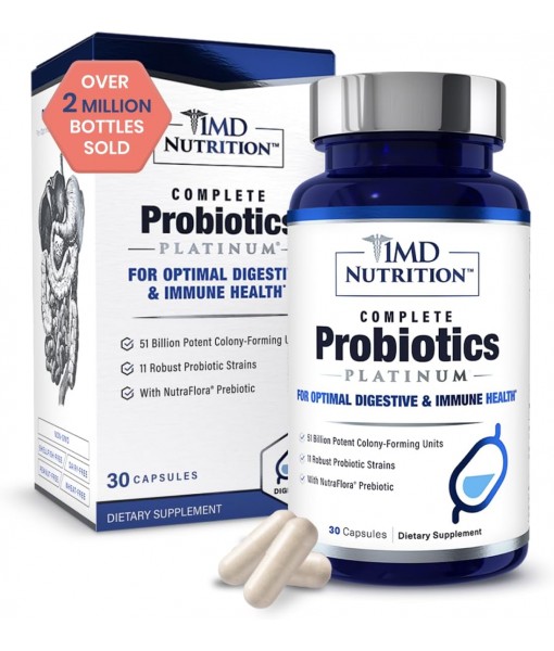 1MD Nutrition Complete Probiotics Platinum - w/Prebiotics and Probiotics for Digestive Health - Probiotic Supplement for Women & Men - More Than 50 Billion Live CFU 11 Strains Dairy-Free - 30 Caps