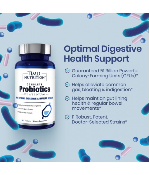 1MD Nutrition Complete Probiotics Platinum - w/Prebiotics and Probiotics for Digestive Health - Probiotic Supplement for Women & Men - More Than 50 Billion Live CFU 11 Strains Dairy-Free - 30 Caps