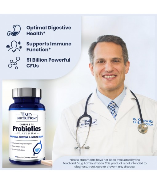 1MD Nutrition Complete Probiotics Platinum - w/Prebiotics and Probiotics for Digestive Health - Probiotic Supplement for Women & Men - More Than 50 Billion Live CFU 11 Strains Dairy-Free - 30 Caps