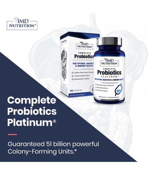 1MD Nutrition Complete Probiotics Platinum - w/Prebiotics and Probiotics for Digestive Health - Probiotic Supplement for Women & Men - More Than 50 Billion Live CFU 11 Strains Dairy-Free - 30 Caps