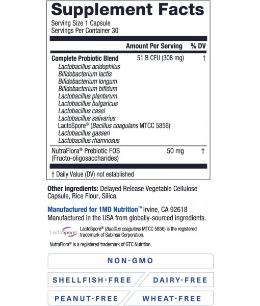 1MD Nutrition Complete Probiotics Platinum - w/Prebiotics and Probiotics for Digestive Health - Probiotic Supplement for Women & Men - More Than 50 Billion Live CFU 11 Strains Dairy-Free - 30 Caps