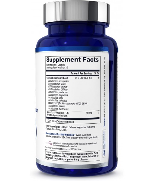 1MD Nutrition Complete Probiotics Platinum - w/Prebiotics and Probiotics for Digestive Health - Probiotic Supplement for Women & Men - More Than 50 Billion Live CFU 11 Strains Dairy-Free - 30 Caps